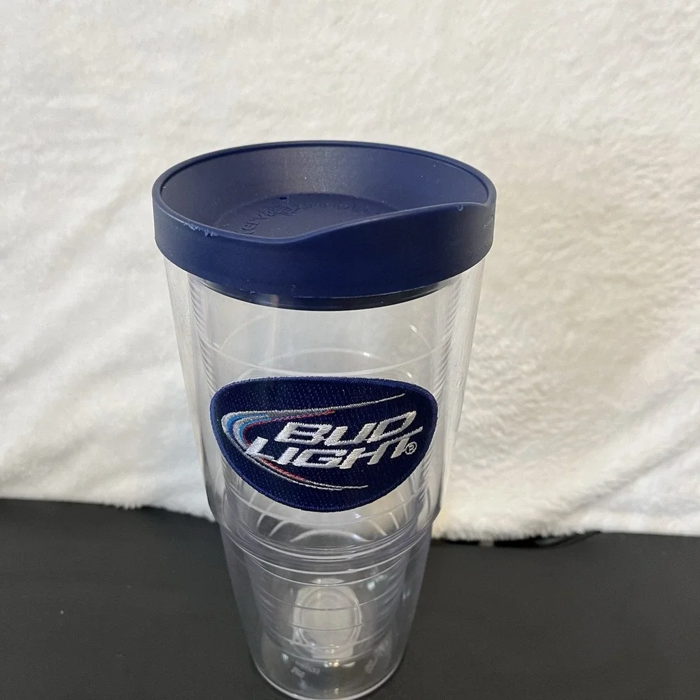 BUD LIGHT Tervis Tumbler 24oz Beer Clear with Navy Blue Lid Hot Cold Drink Cup